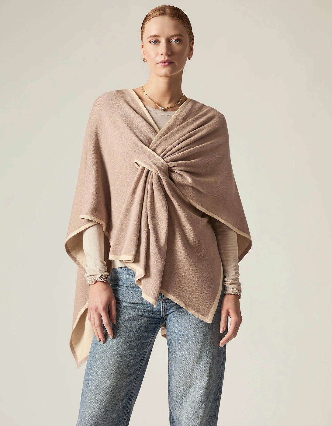 Beige Front Knot Poncho