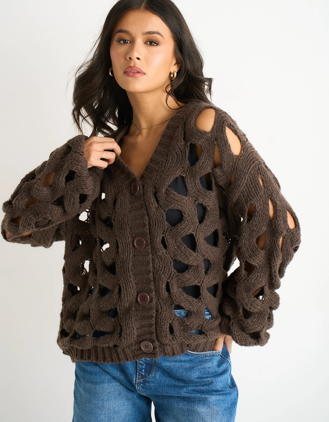Chocolate Hollow Chunky Knit Cardigan