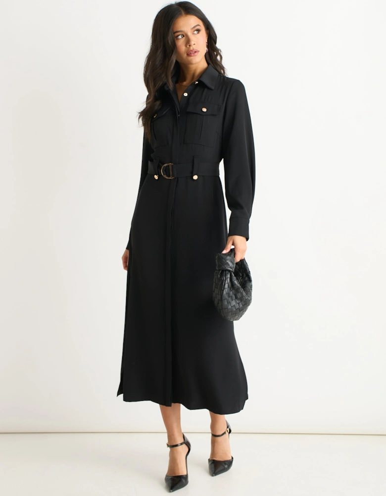 Black Luxe Gold Button Utility Shirt Dress
