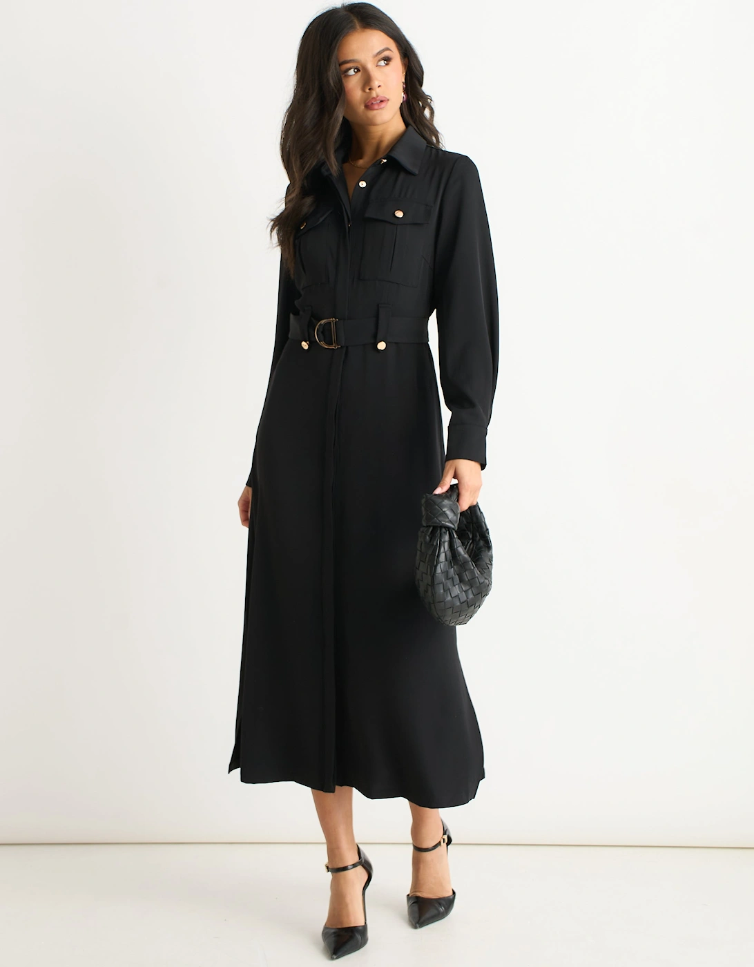 Black Luxe Gold Button Utility Shirt Dress