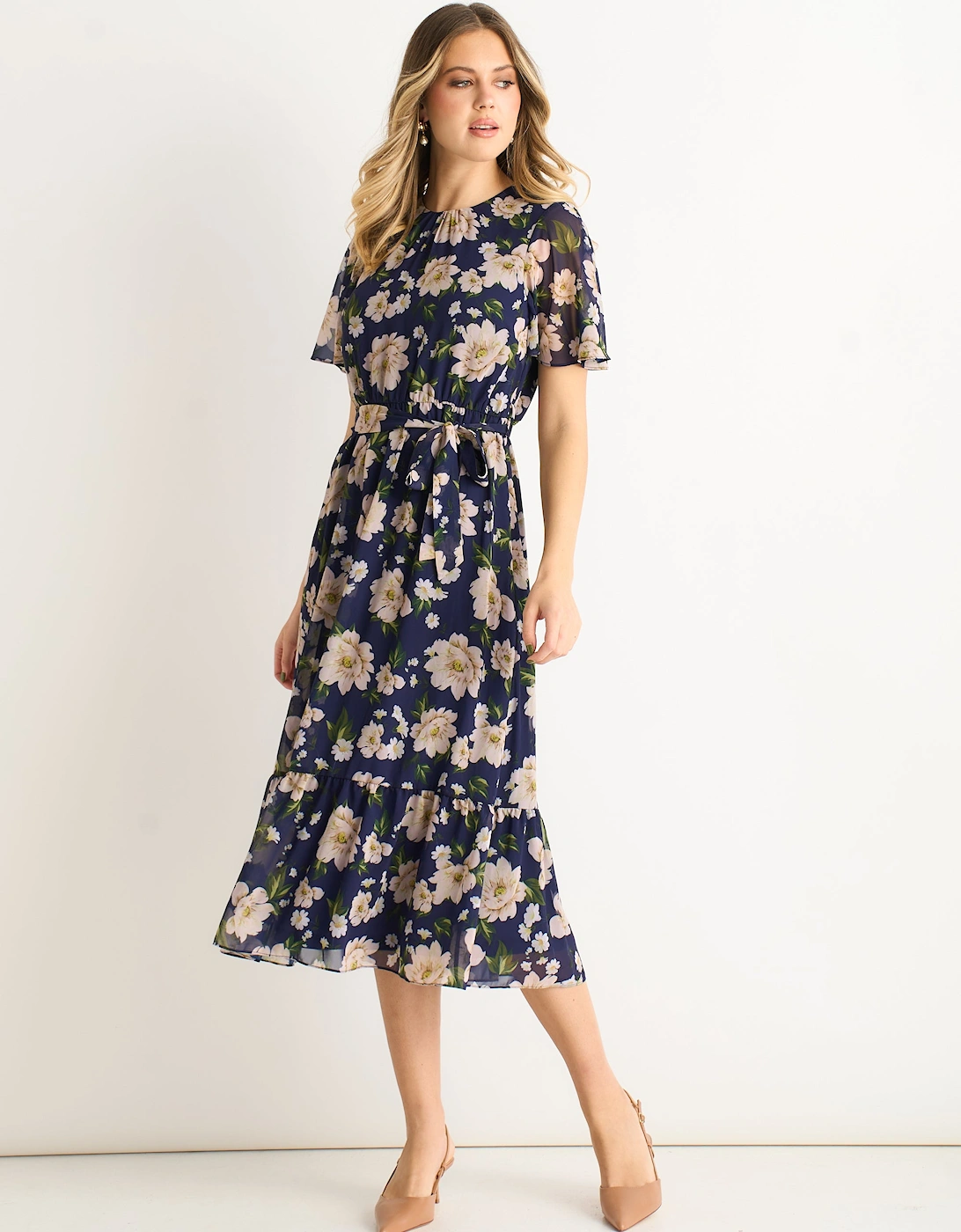 Navy Floral Print Fit & Flare Midi Dress