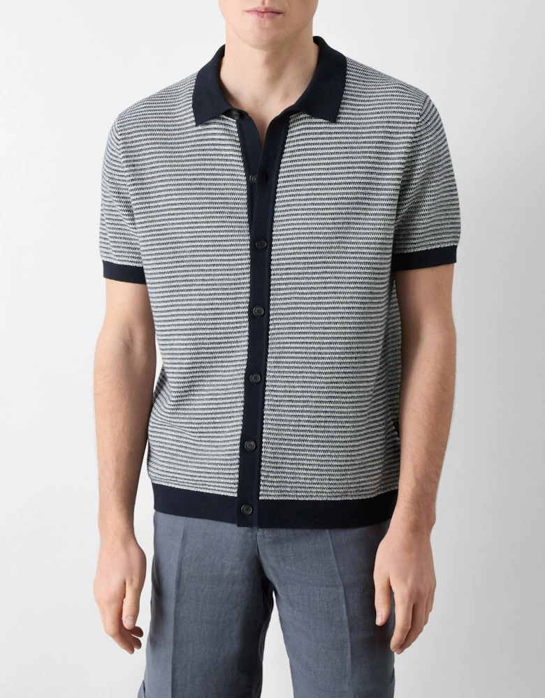 Hessle Mens Knitted Cotton Short-Sleeved Shirt - Navy/Ecru