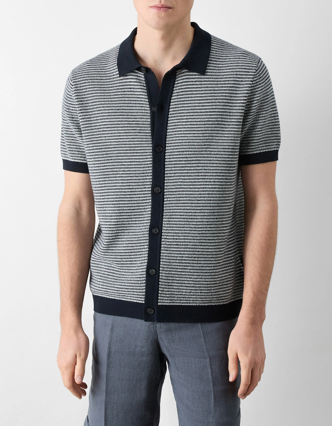 Oliver Sweeney Men's Oliver Sweeney Hessle Mens Knitted Cotton Short-Sleeved Shirt - Navy/Ecru