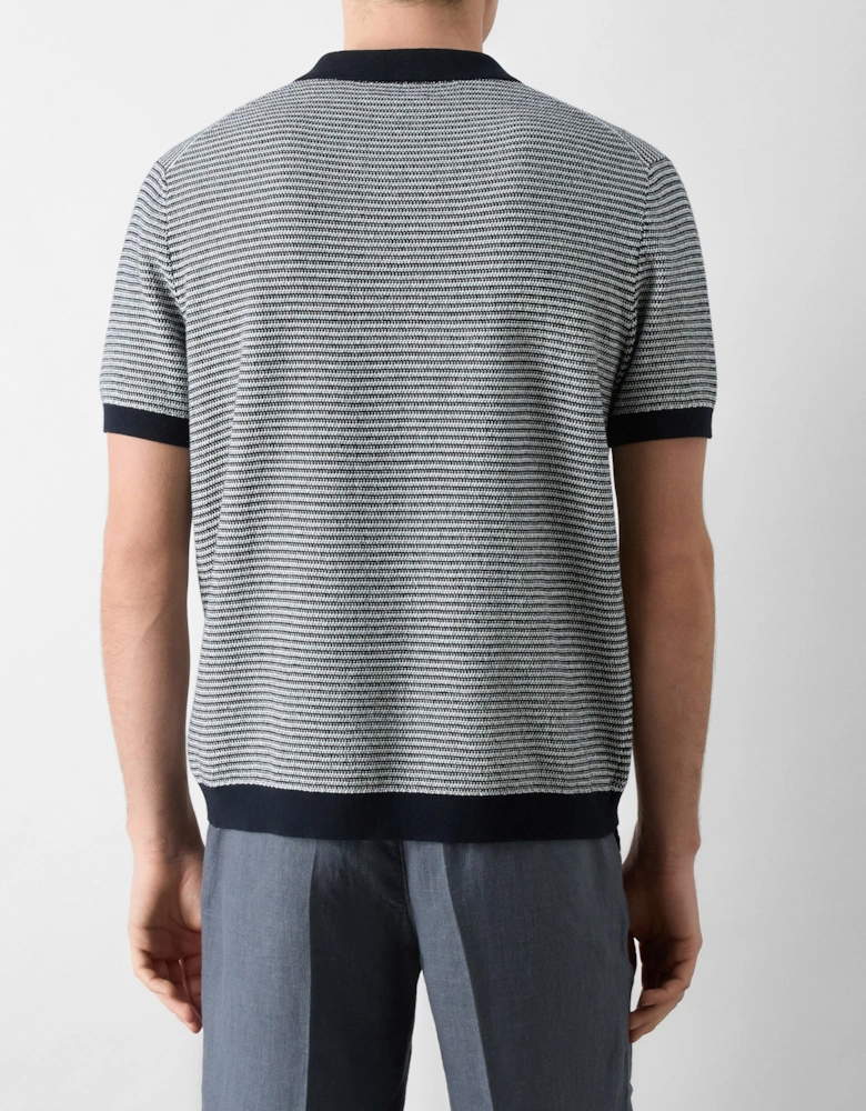 Hessle Mens Knitted Cotton Short-Sleeved Shirt - Navy/Ecru