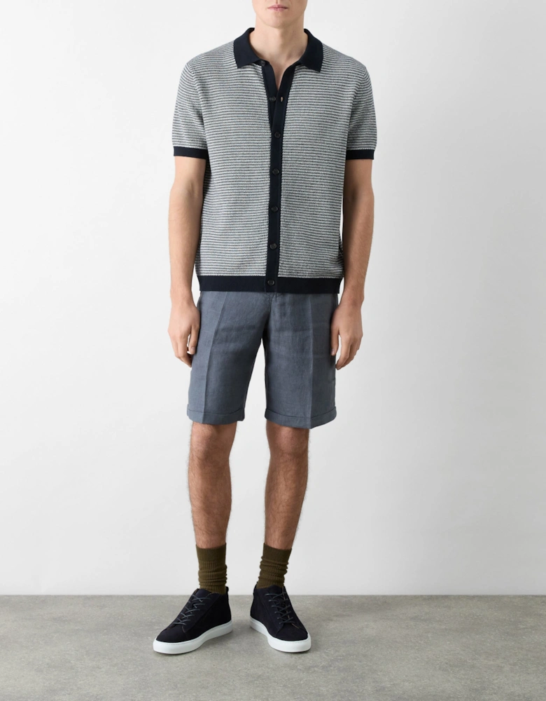 Hessle Mens Knitted Cotton Short-Sleeved Shirt - Navy/Ecru