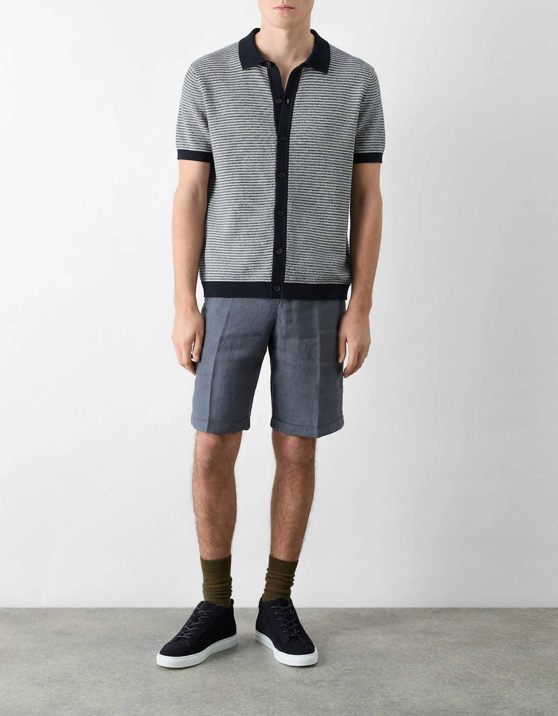 Hessle Mens Knitted Cotton Short-Sleeved Shirt - Navy/Ecru