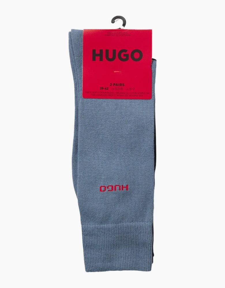 HUGO 2-Pack Red Logo Combed Cotton Socks, Blue