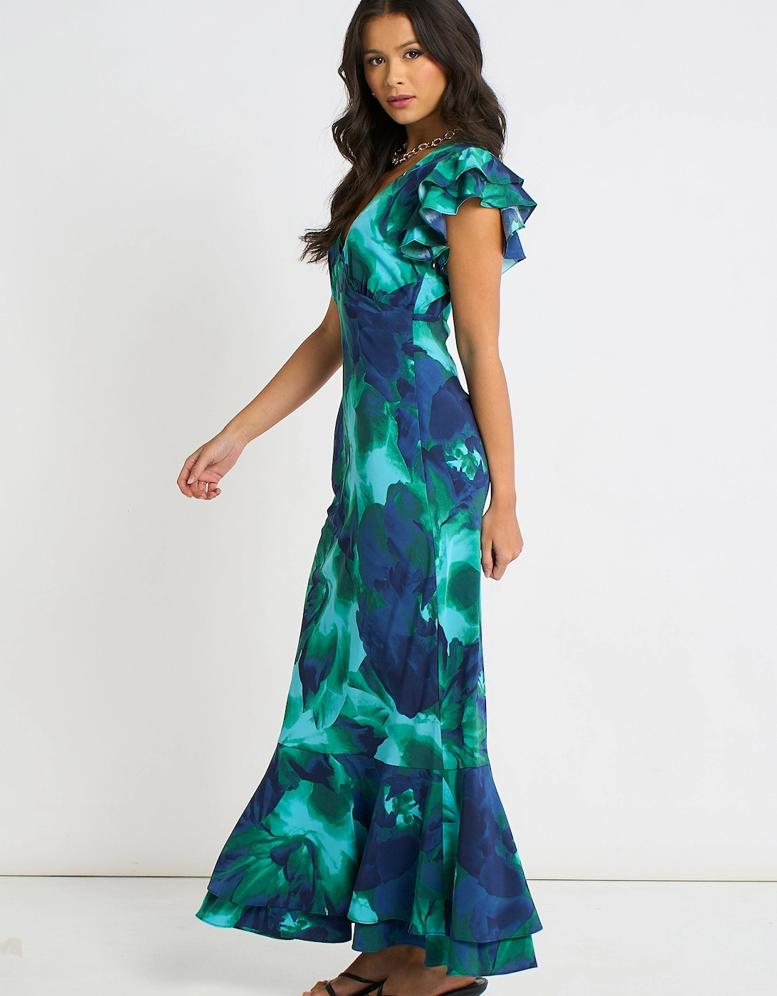 Green Watercolour Floral Maxi Dress