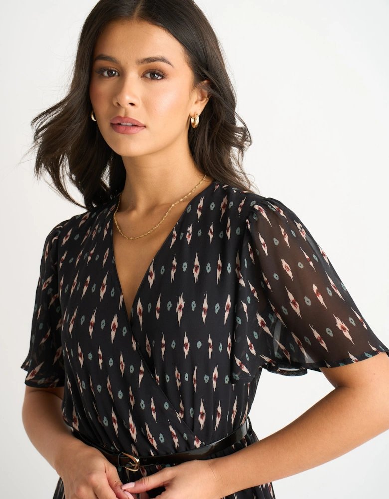 Black Silk Geo Print Midi Dress