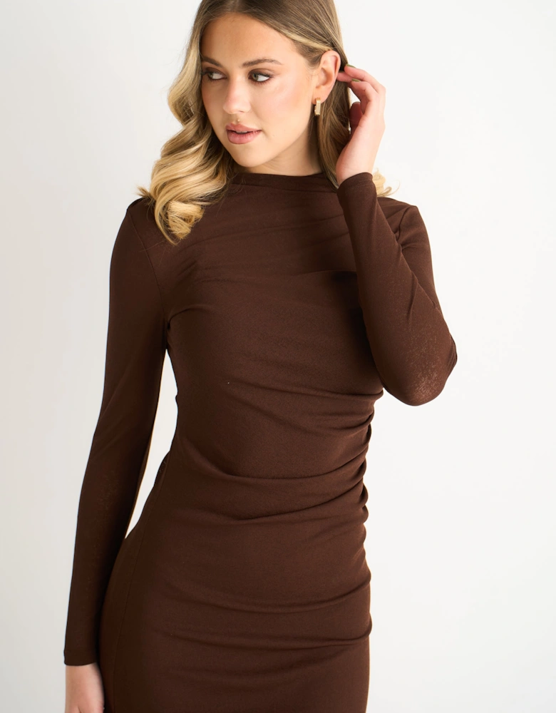 Chocolate Ruched Jersey Long Sleeve Midi Dress