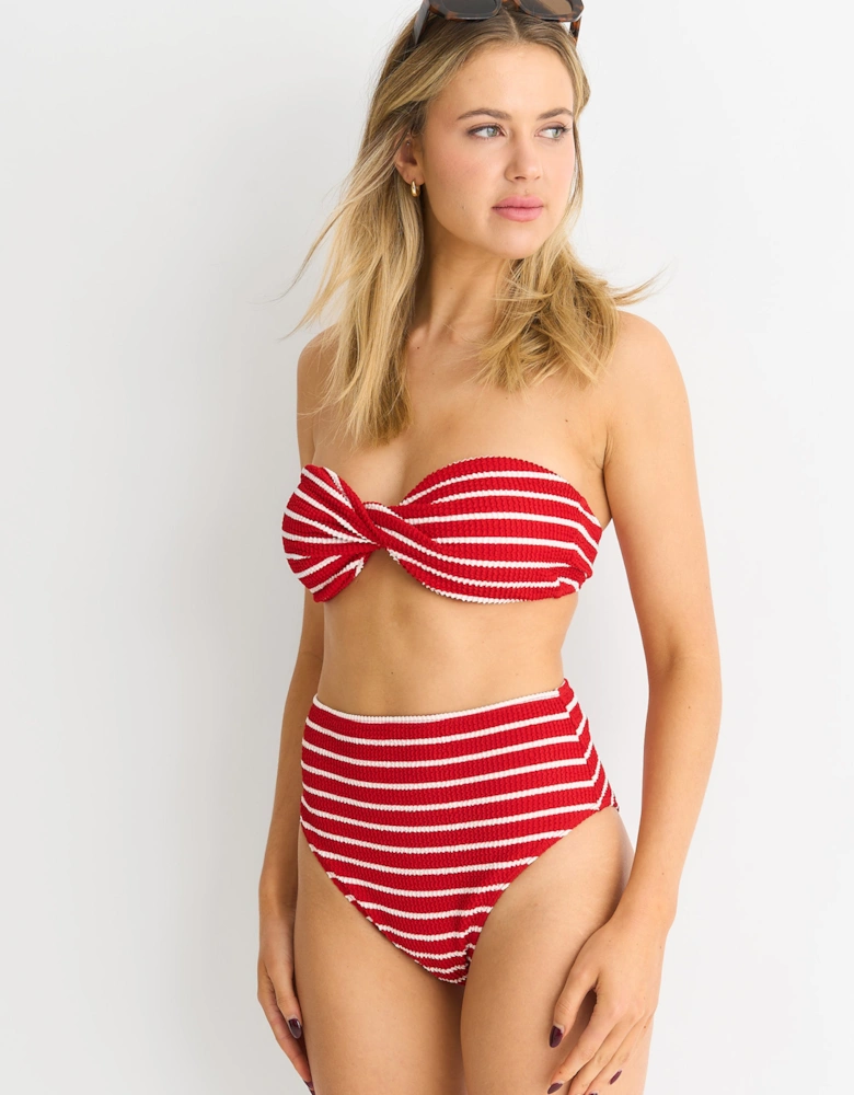 Red Textured High Waisted Stripe Bikini Bottom
