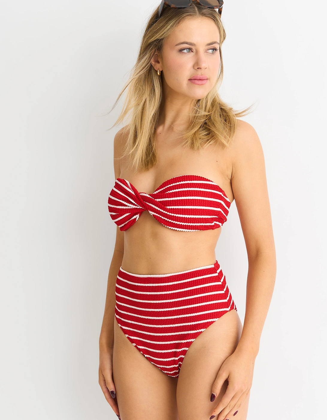 Red Textured High Waisted Stripe Bikini Bottom
