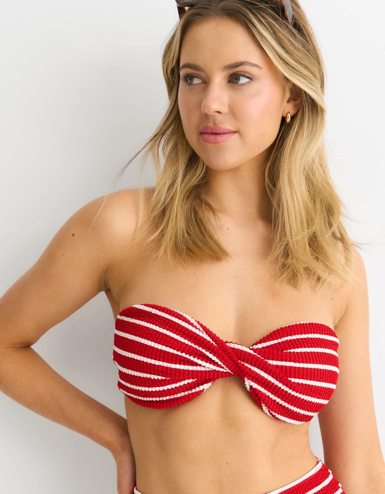 Red Textured Twist Front Stripe Bikini Top