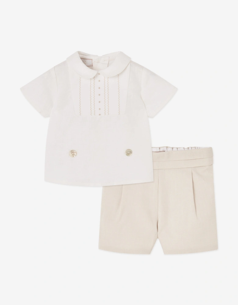 Baby Boys Cotton and Linen Woven Short Set in Beige
