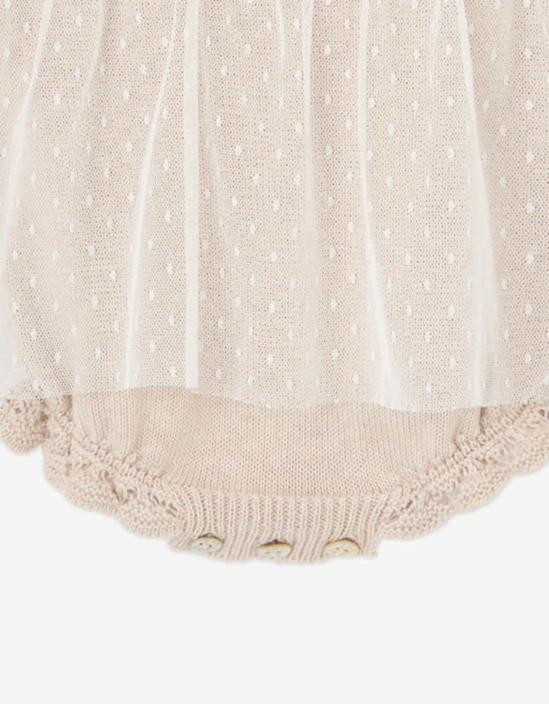 Baby Girls Cotton Knit and Lace Romper in Beige