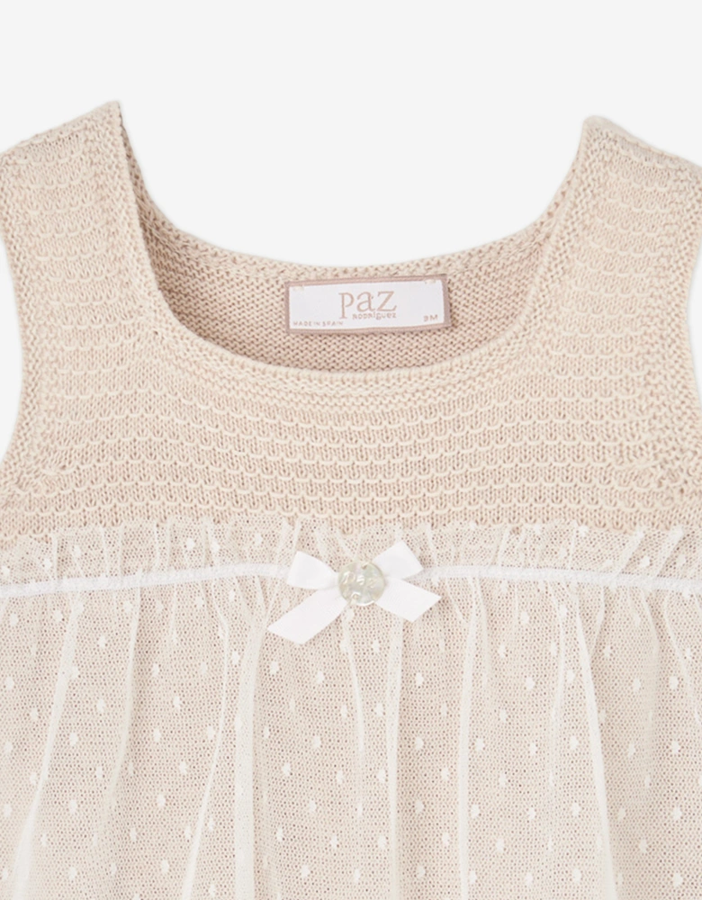 Baby Girls Cotton Knit and Lace Romper in Beige