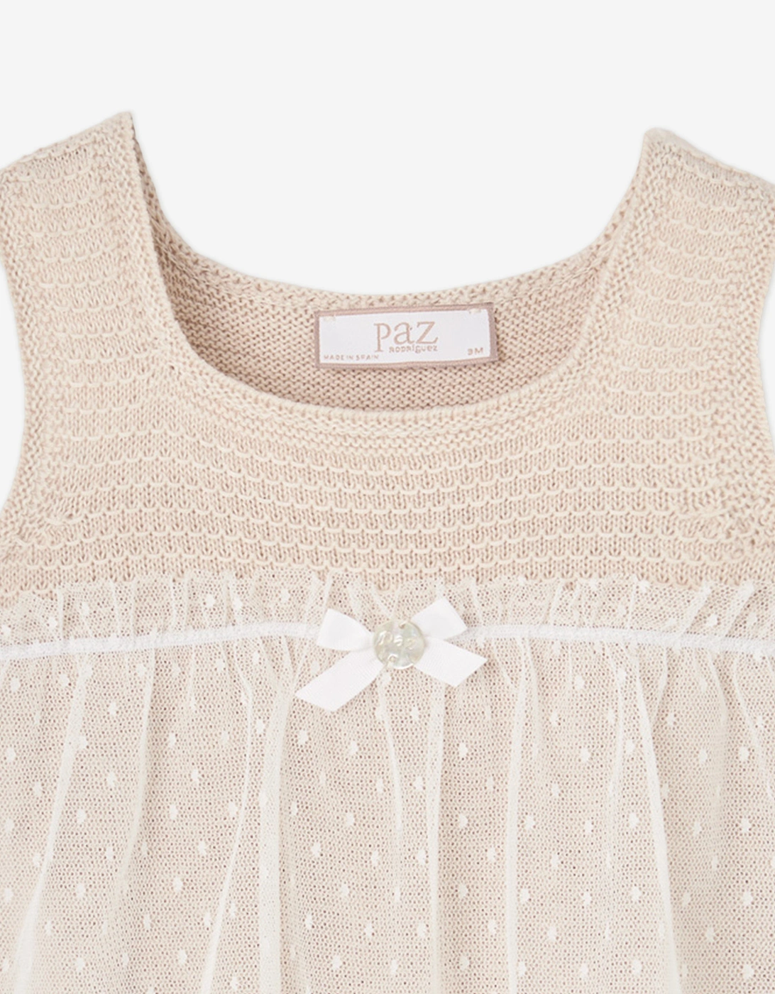 Baby Girls Cotton Knit and Lace Romper in Beige