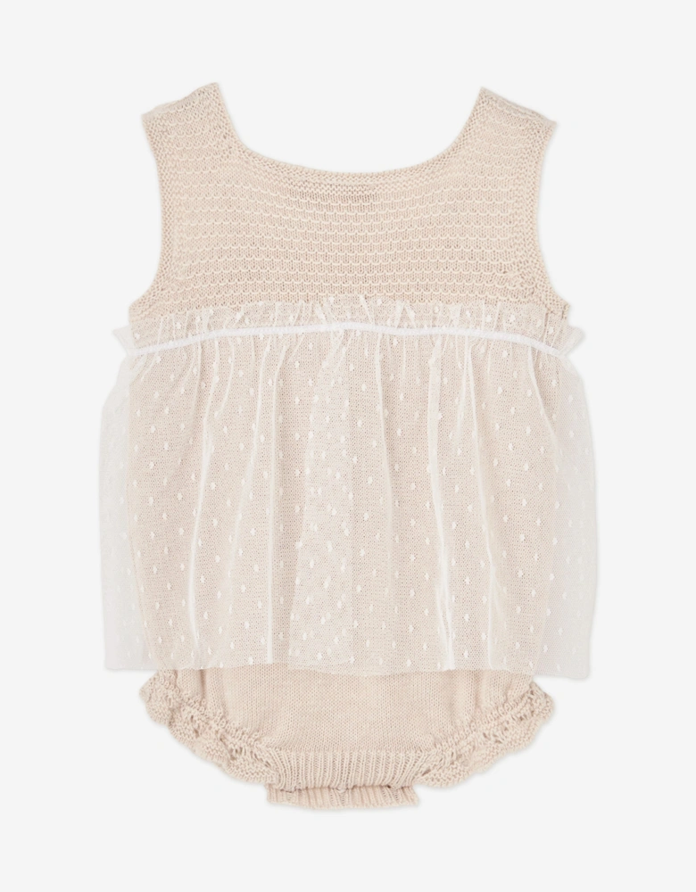 Baby Girls Cotton Knit and Lace Romper in Beige