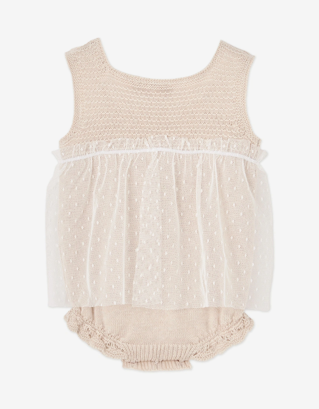 Baby Girls Cotton Knit and Lace Romper in Beige