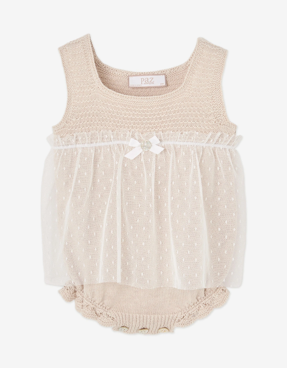 Baby Girls Cotton Knit and Lace Romper in Beige, 5 of 4