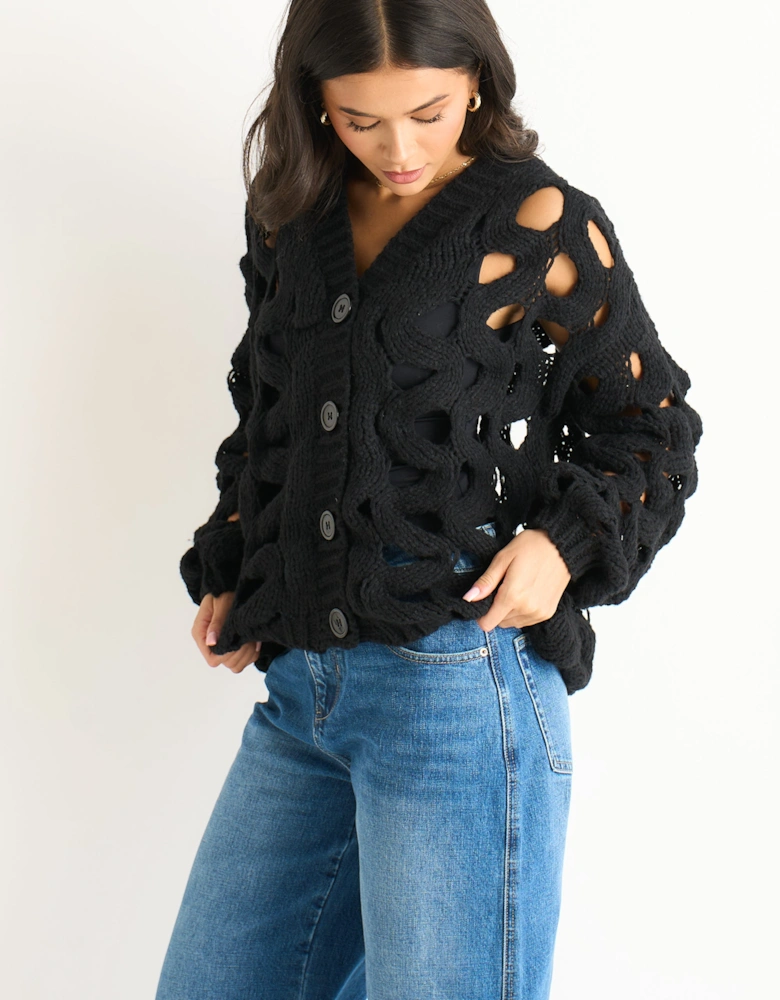 Black Hollow Chunky Knit Cardigan