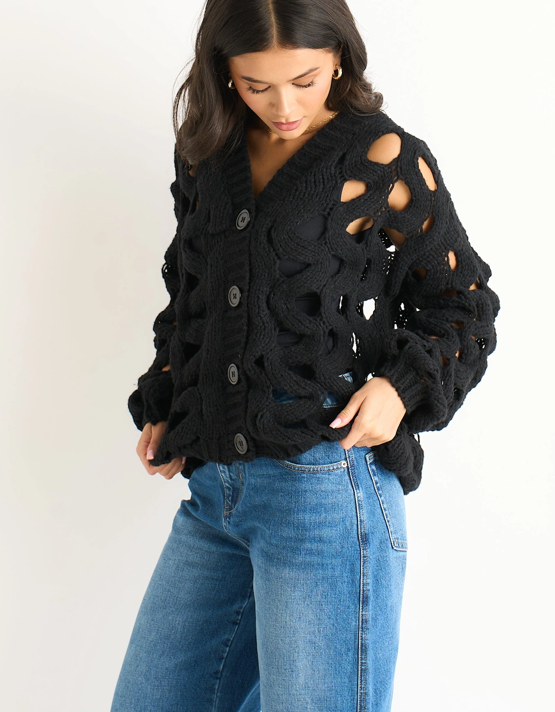 Black Hollow Chunky Knit Cardigan