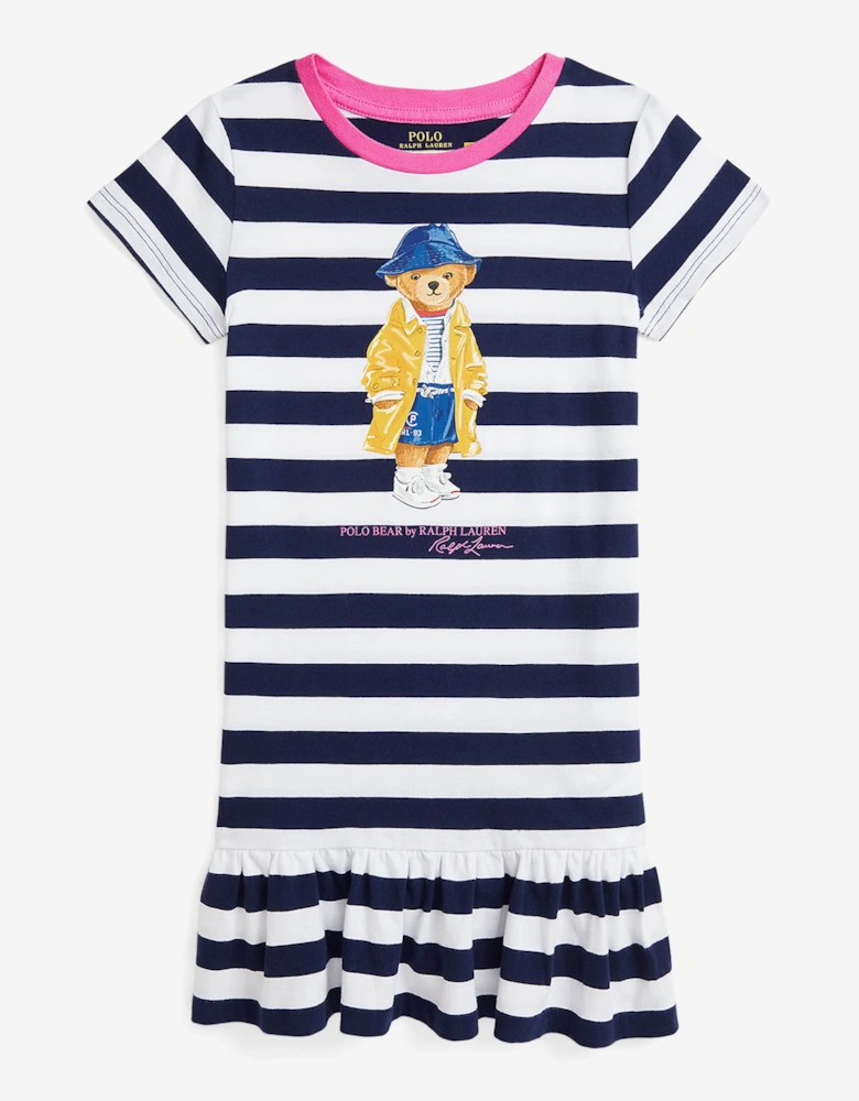 Girls Striped Polo Bear T-Shirt Dress in Navy