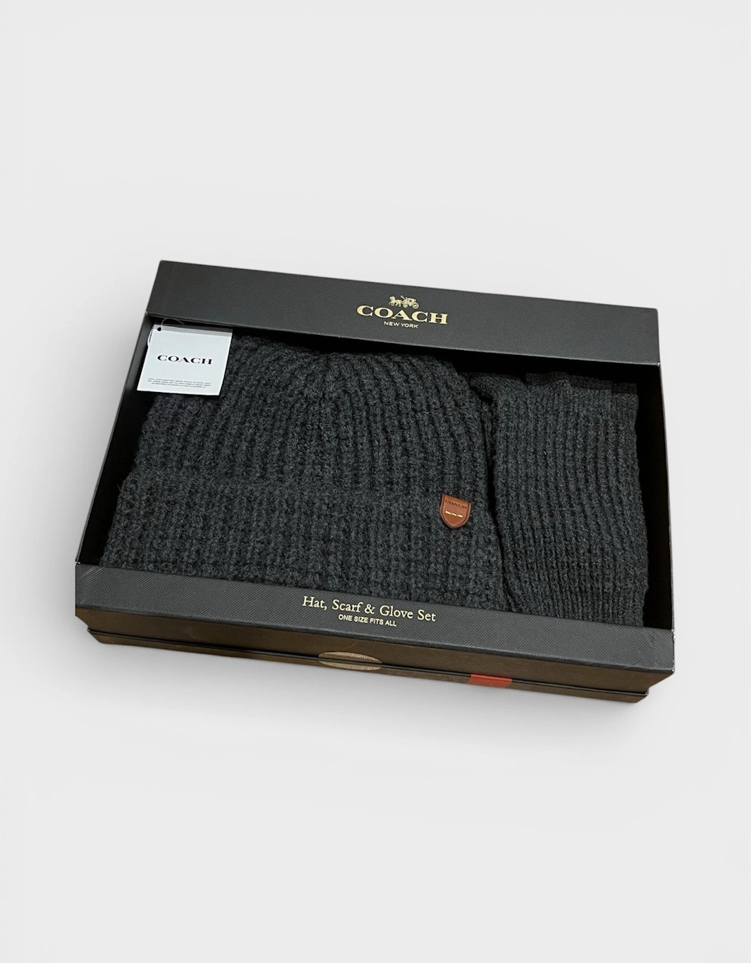 Coach Men's Coach Waffle Beanie Hat, Scarf & Glove Set Charcoal