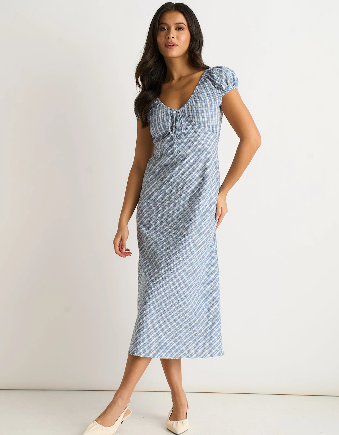 Blue V Neck Textured Gingham Midi Dress, 5 of 4