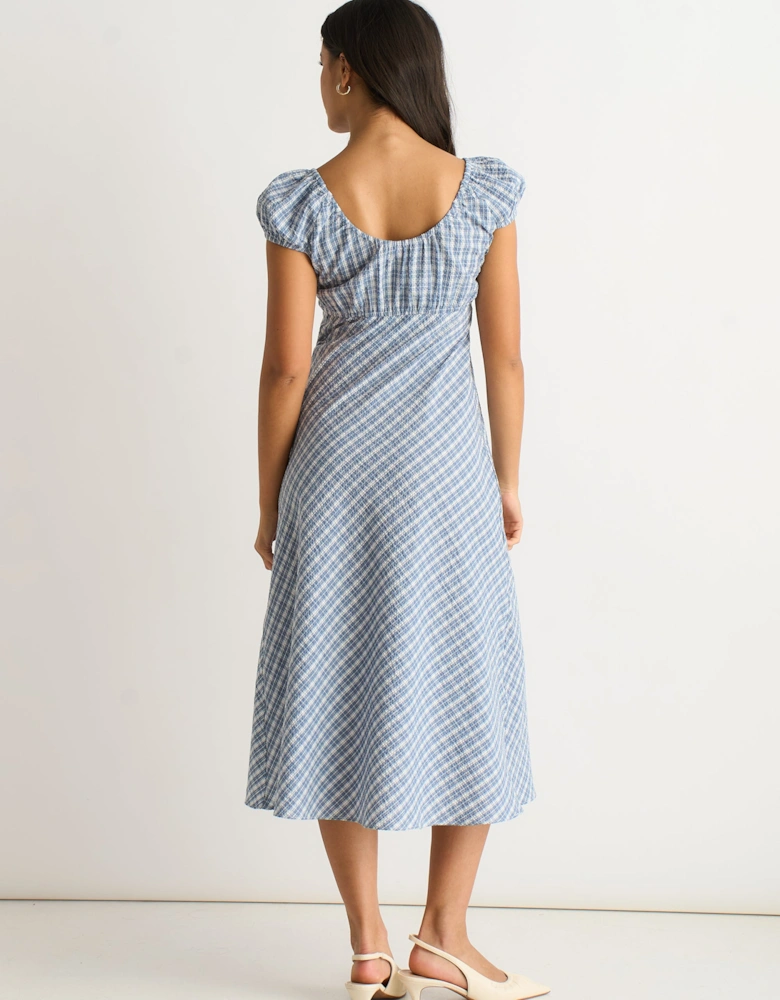 Blue V Neck Textured Gingham Midi Dress