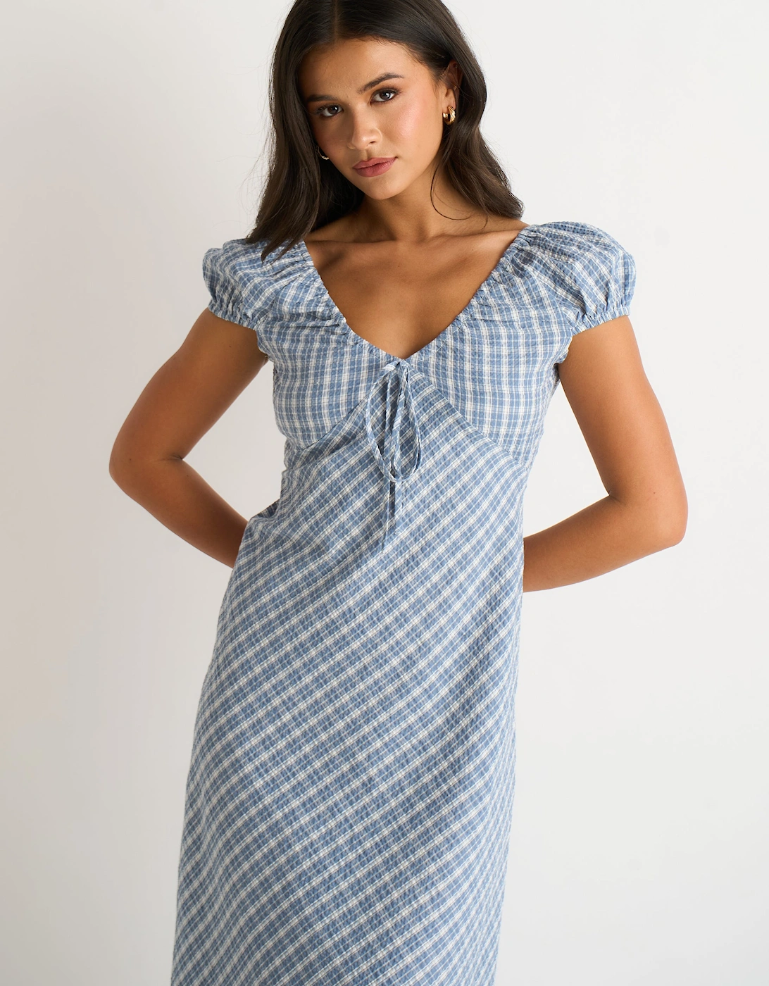 Blue V Neck Textured Gingham Midi Dress
