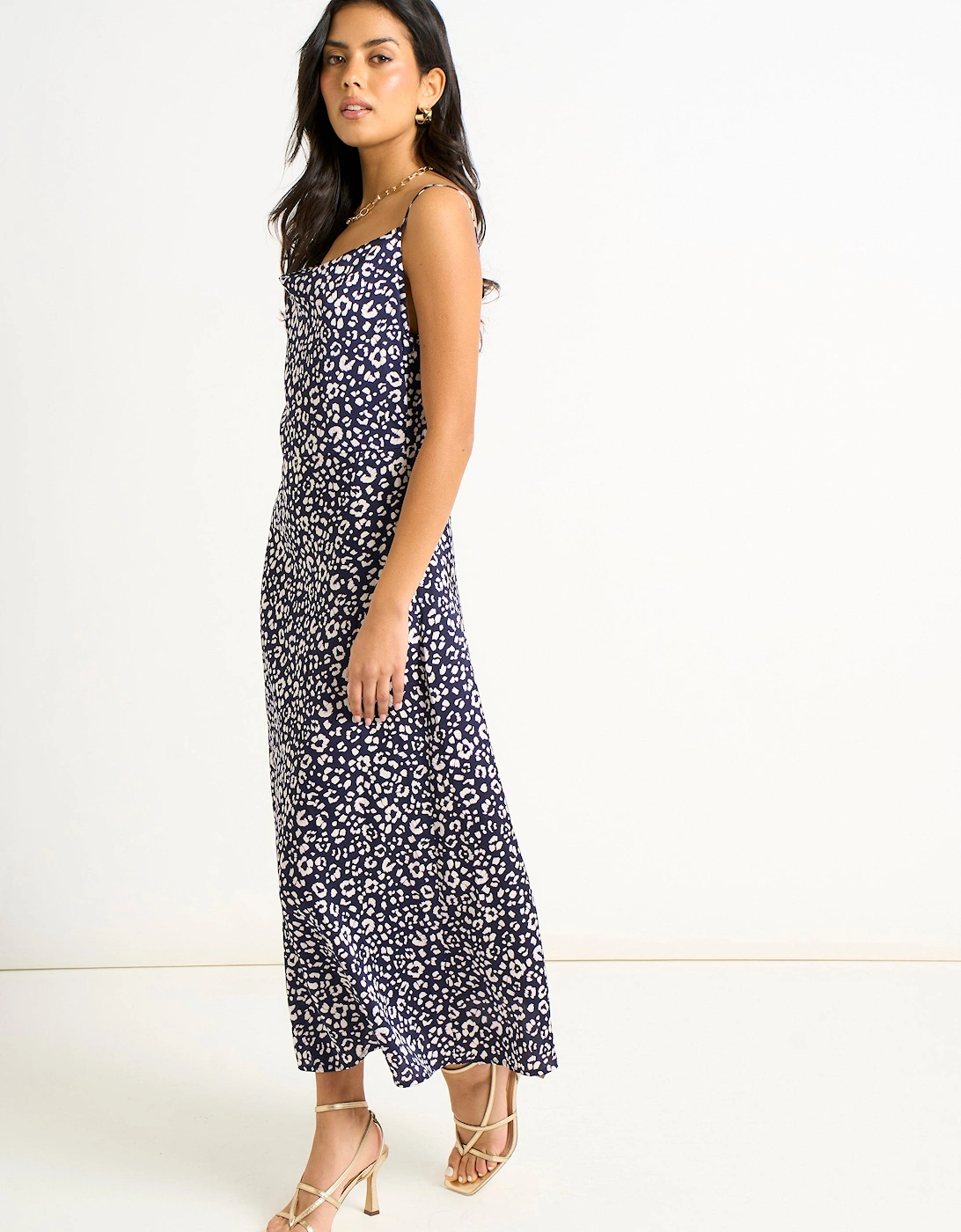 Navy Animal Print Cowl Midi Dress