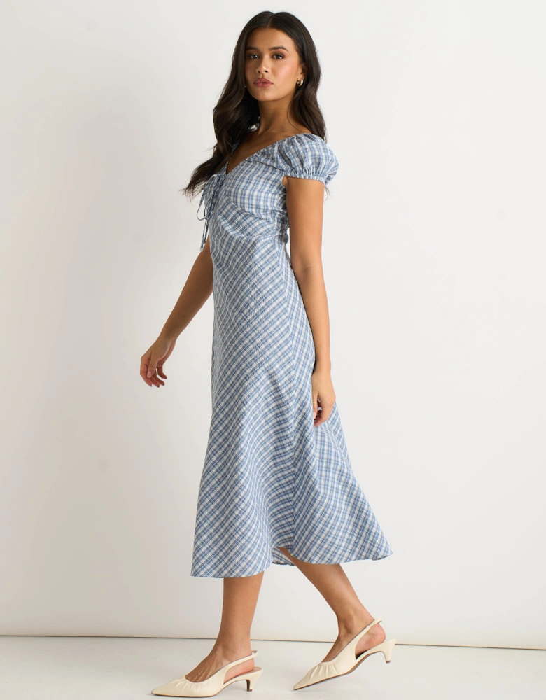 Blue V Neck Textured Gingham Midi Dress