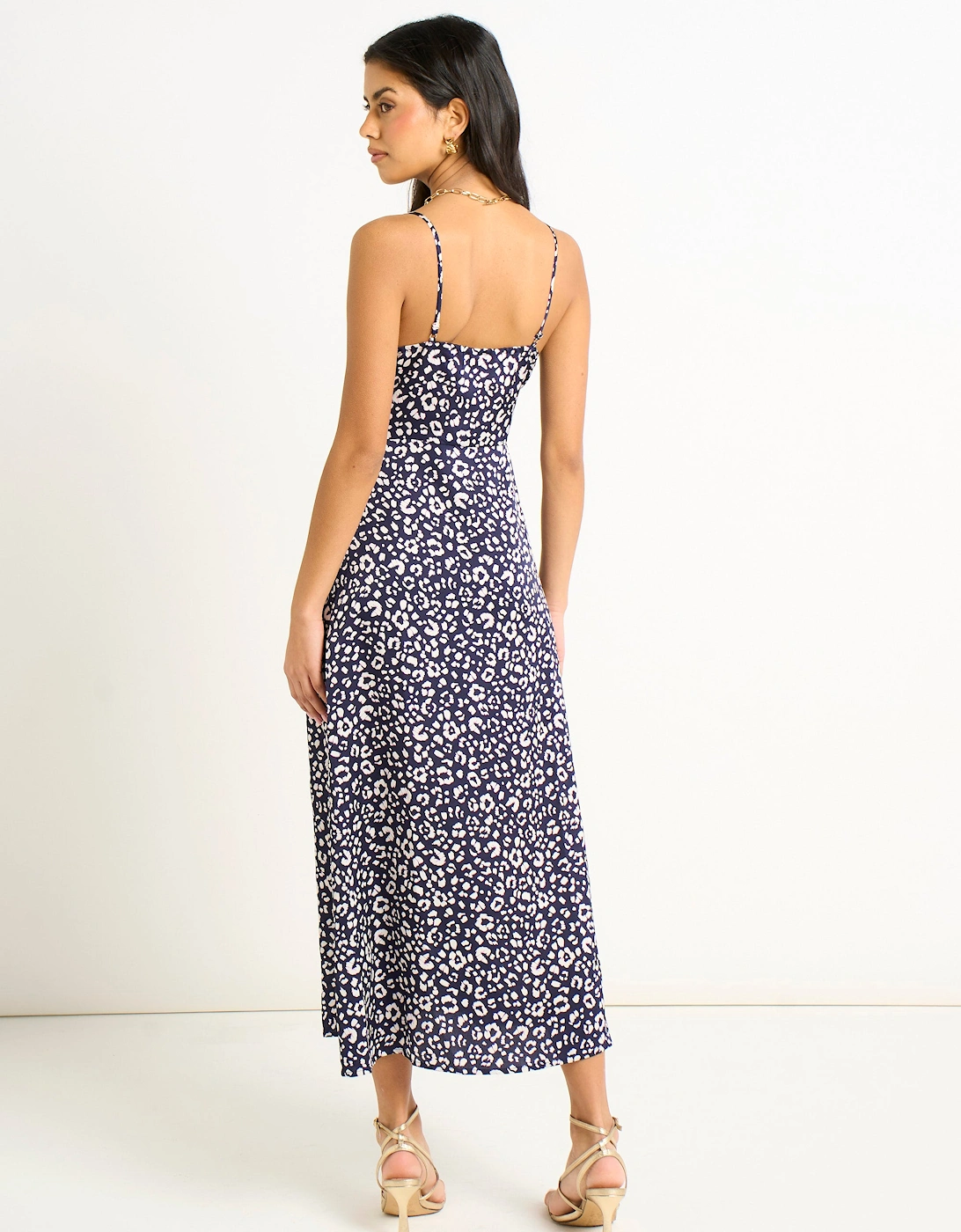 Navy Animal Print Cowl Midi Dress