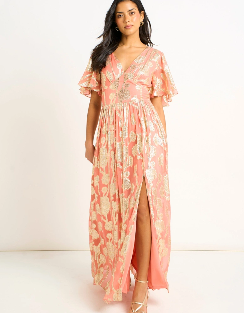 Pink Metallic Jacquard Flutter Sleeves Floral Maxi Dress