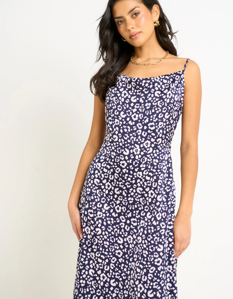Navy Animal Print Cowl Midi Dress