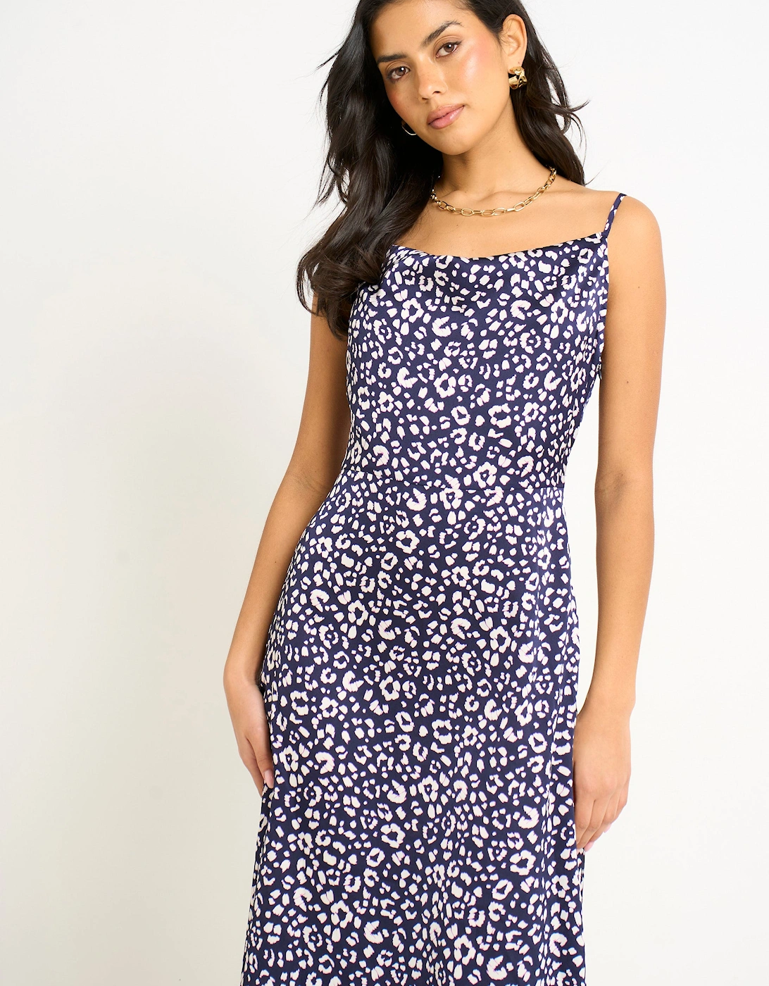 Navy Animal Print Cowl Midi Dress