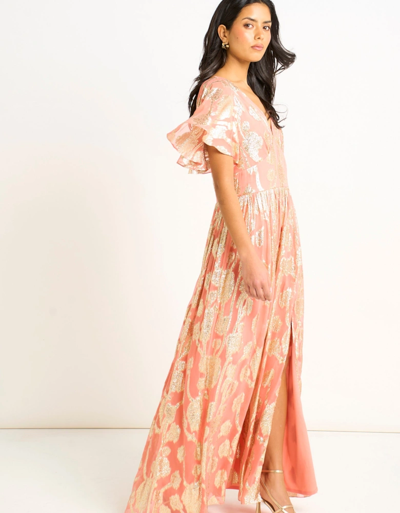 Pink Metallic Jacquard Flutter Sleeves Floral Maxi Dress