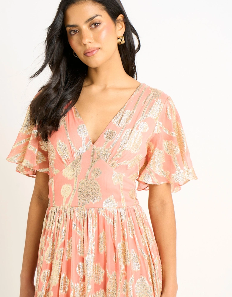 Pink Metallic Jacquard Flutter Sleeves Floral Maxi Dress