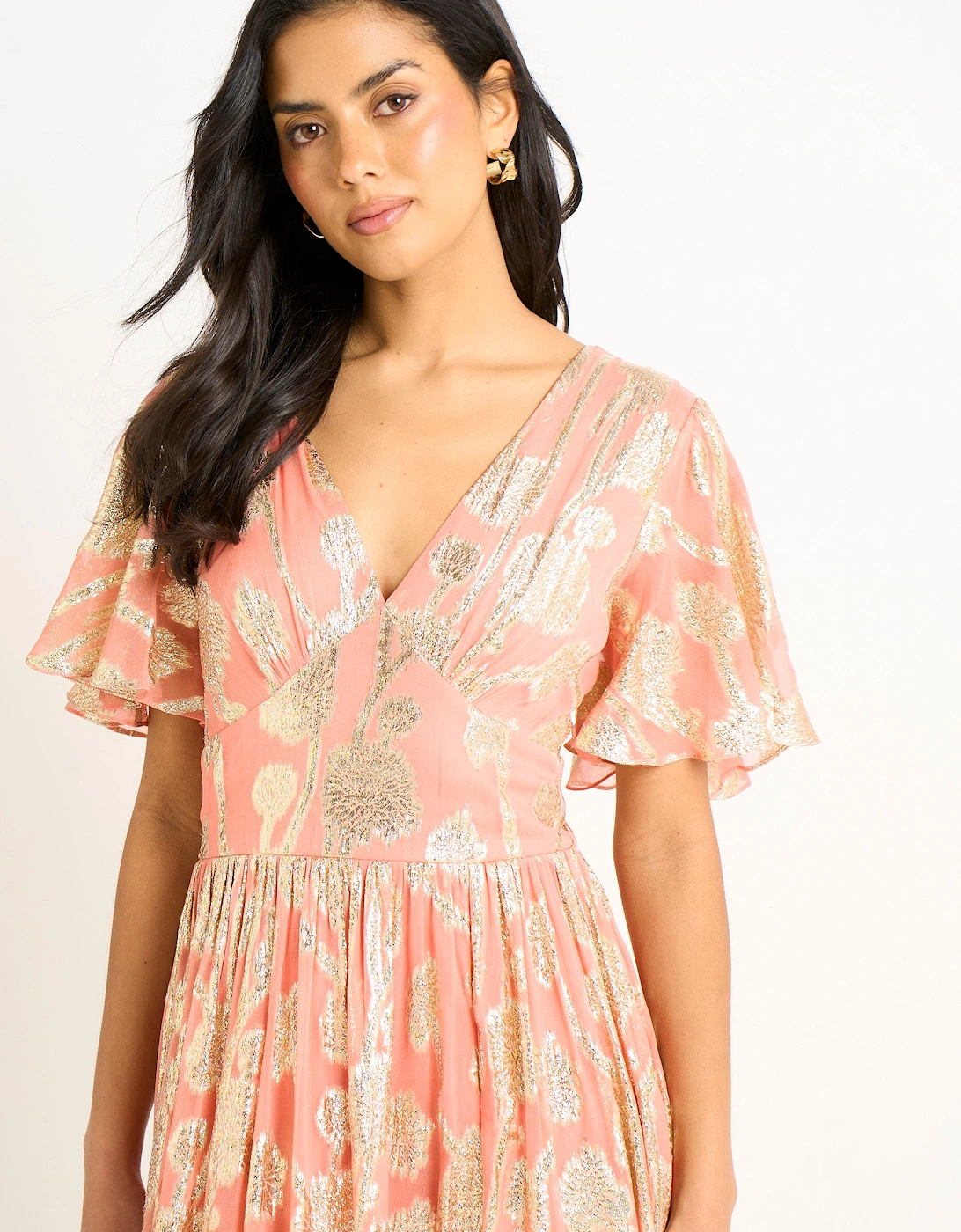 Pink Metallic Jacquard Flutter Sleeves Floral Maxi Dress