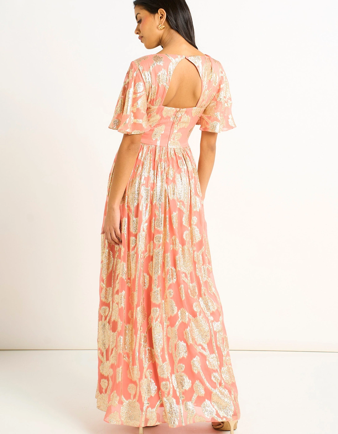 Pink Metallic Jacquard Flutter Sleeves Floral Maxi Dress