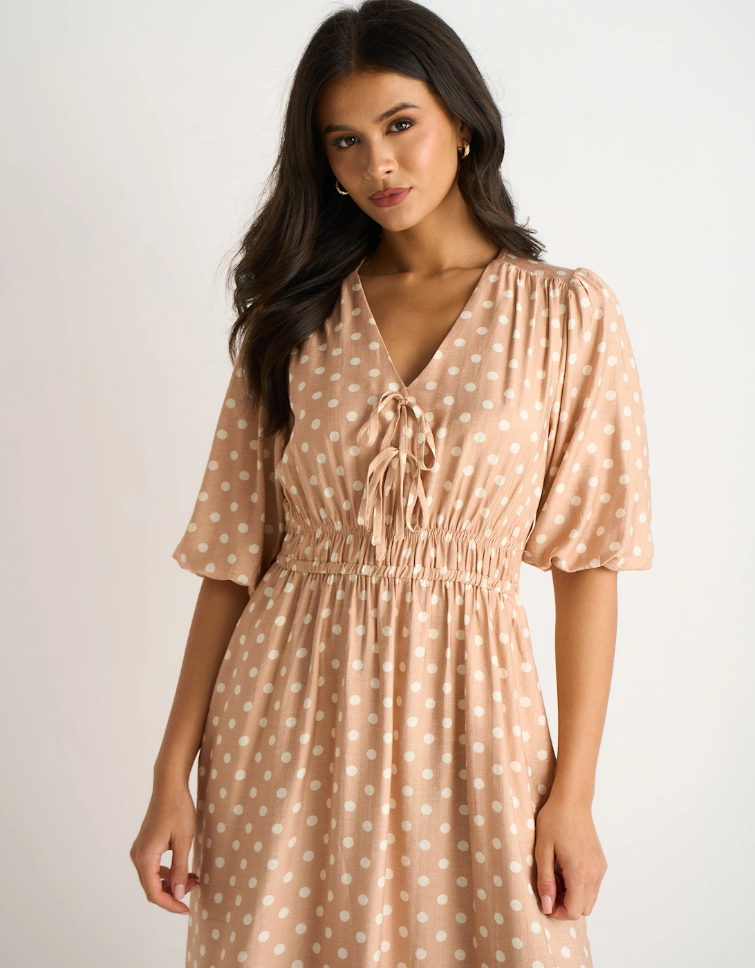 Oatmeal Spot Print Shirred Waist Shift Midi Dress