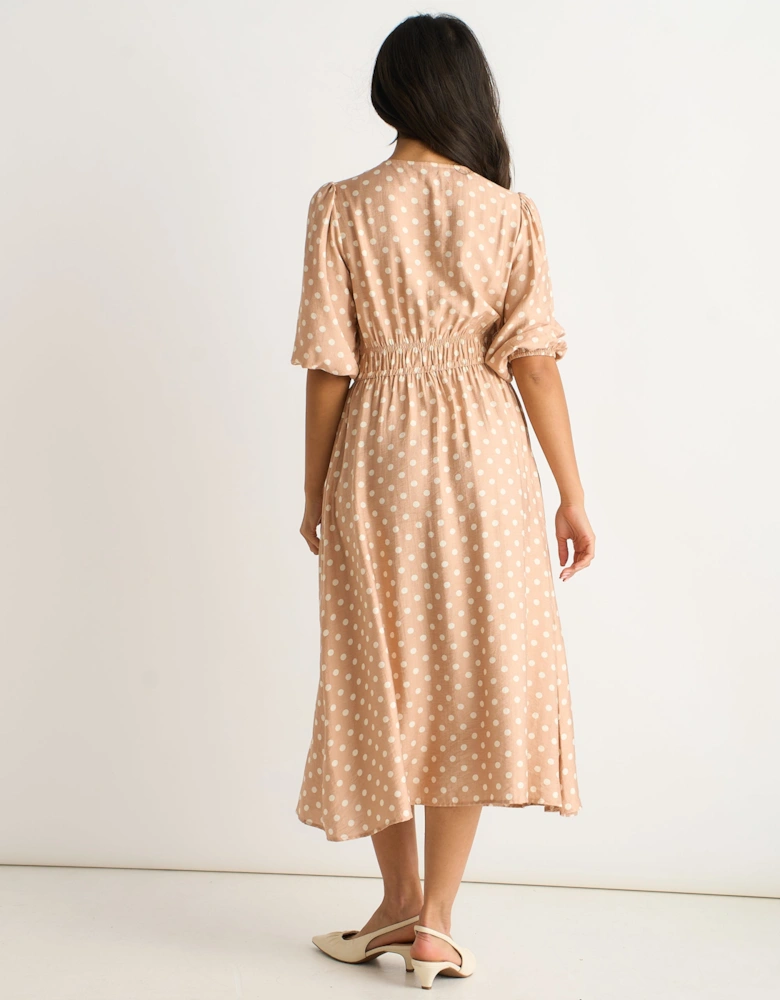 Oatmeal Spot Print Shirred Waist Shift Midi Dress