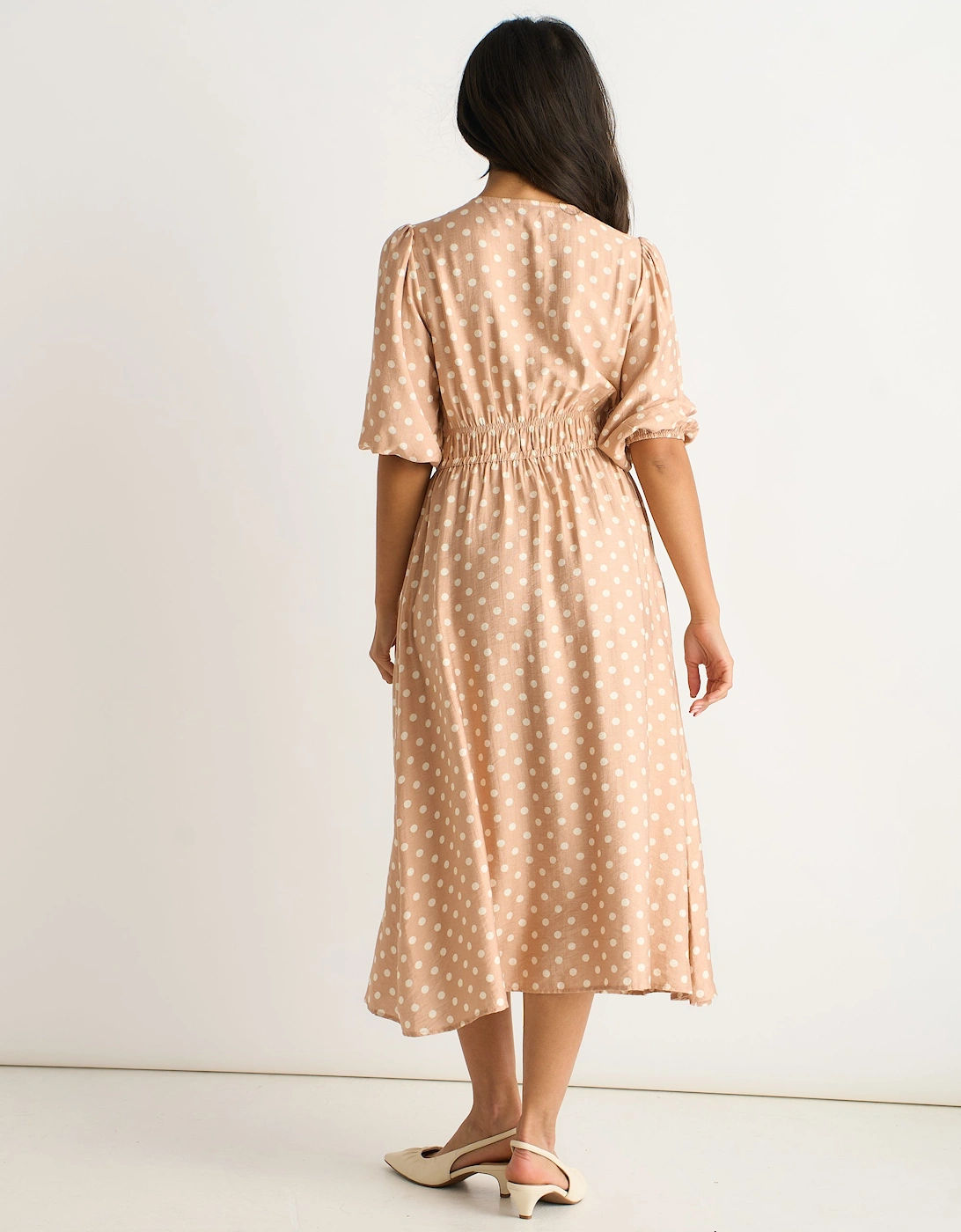 Oatmeal Spot Print Shirred Waist Shift Midi Dress