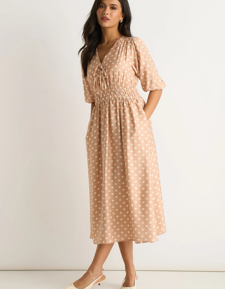 Oatmeal Spot Print Shirred Waist Shift Midi Dress