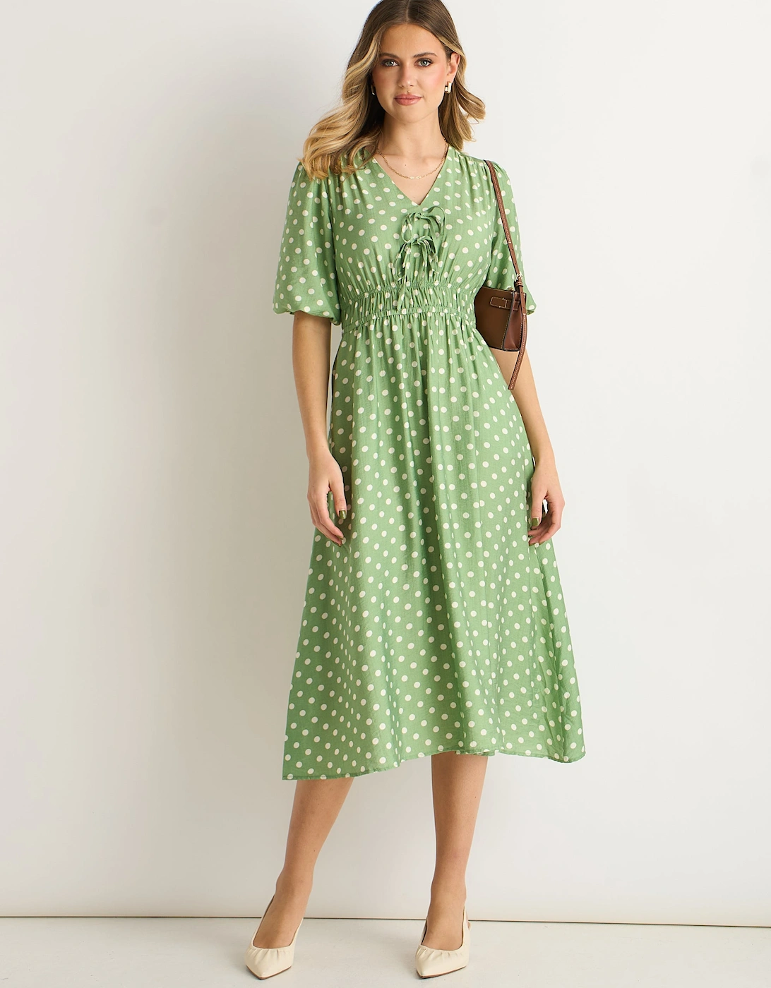 Gini London Women's Sage Green Spot Print Shirred Waist Shift Midi Dress - Size: 10