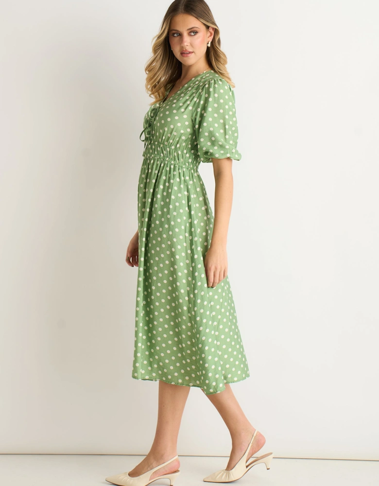 Sage Green Spot Print Shirred Waist Shift Midi Dress