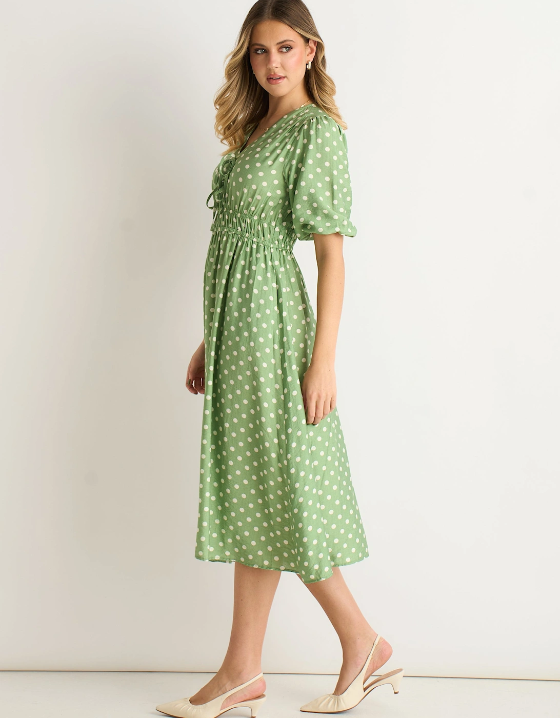 Sage Green Spot Print Shirred Waist Shift Midi Dress