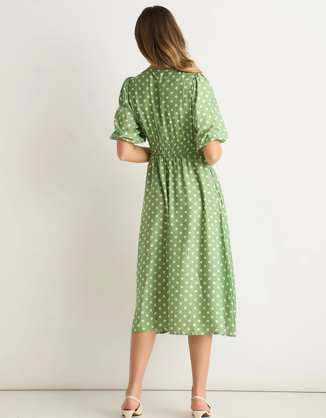 Sage Green Spot Print Shirred Waist Shift Midi Dress