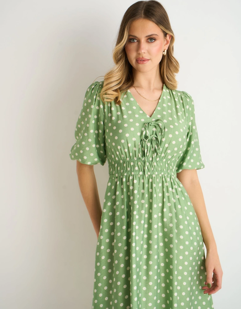Sage Green Spot Print Shirred Waist Shift Midi Dress